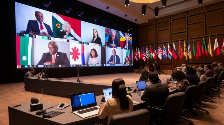 Delegates seated in a conference with big screens